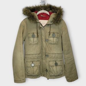 Vtg Y2K Abercrombie Fitch Canvas Cargo Hooded Field Coat S Olive Faux Fur Trim